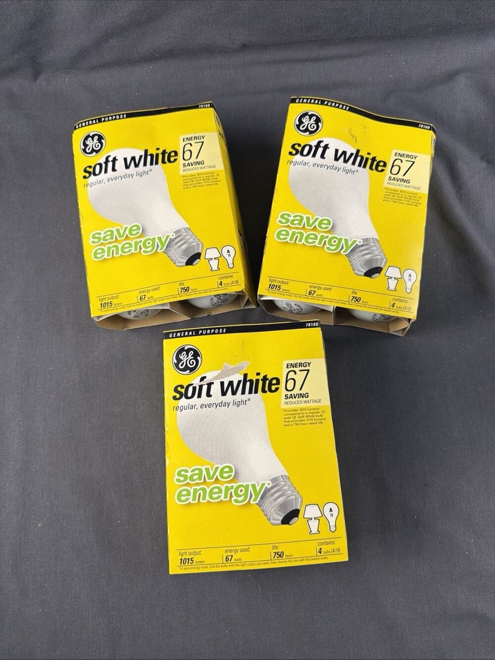 General Electric GE 67 Watt Soft White Glass Light Bulbs 12 Pack A19 New NOS4